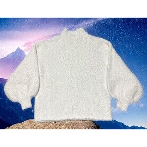 Line & Dot Alder Sweater Medium White Fuzzy Mock Neck Pullover Cozy Soft Top
